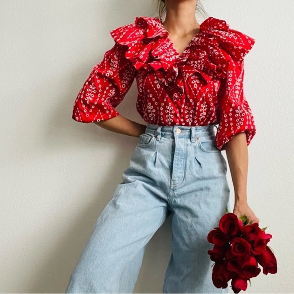 Zara red openwork embroidered ruffle blouse top S - Picture 1 of 8